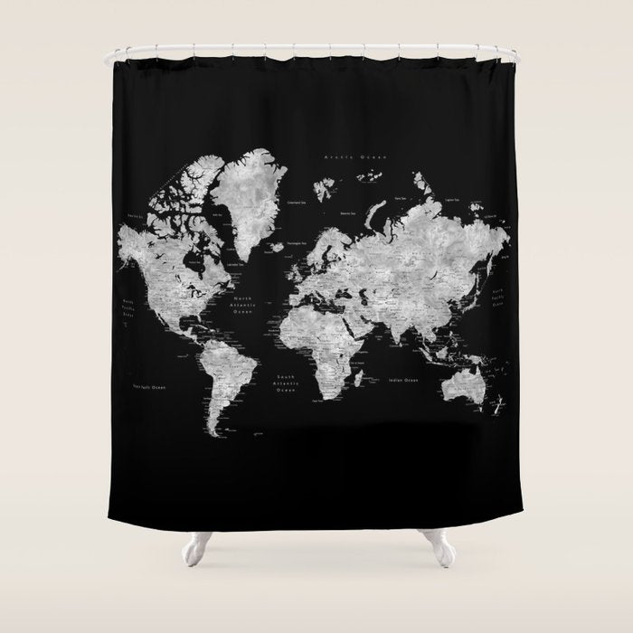 Black and grey watercolor world map with cities Shower Curtain Gallery Image 1