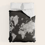 Black and grey watercolor world map with cities Comforter Gallery Image 6