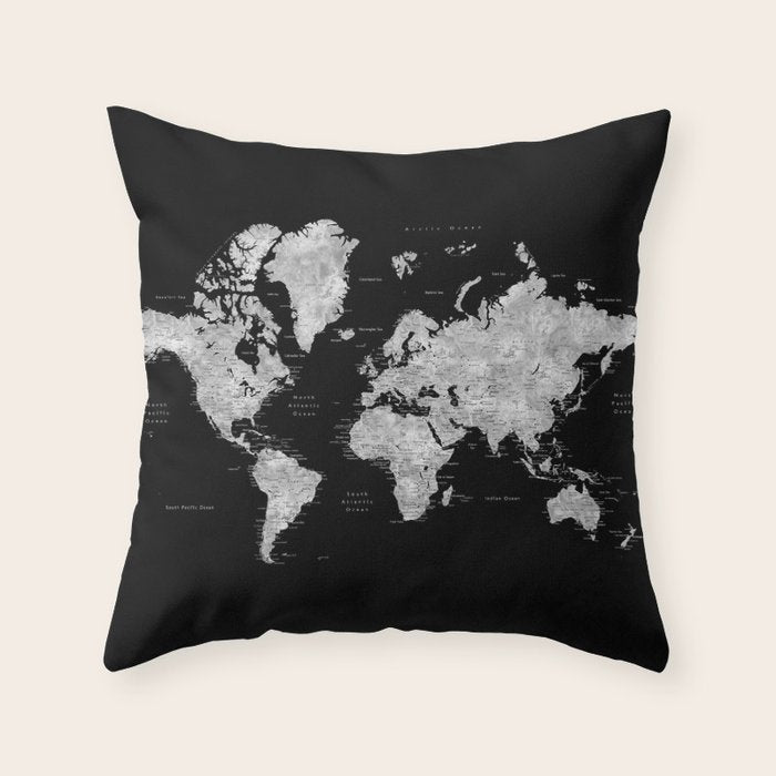 Black and grey watercolor world map with cities Throw Pillow Gallery Image 6
