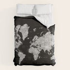 Black and grey watercolor world map with cities Duvet Cover Gallery Image 6