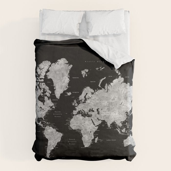 Black and grey watercolor world map with cities Duvet Cover Gallery Image 6