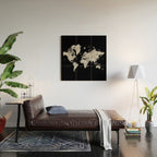 Black and grey watercolor world map with cities Wood Wall Art Gallery Image 2