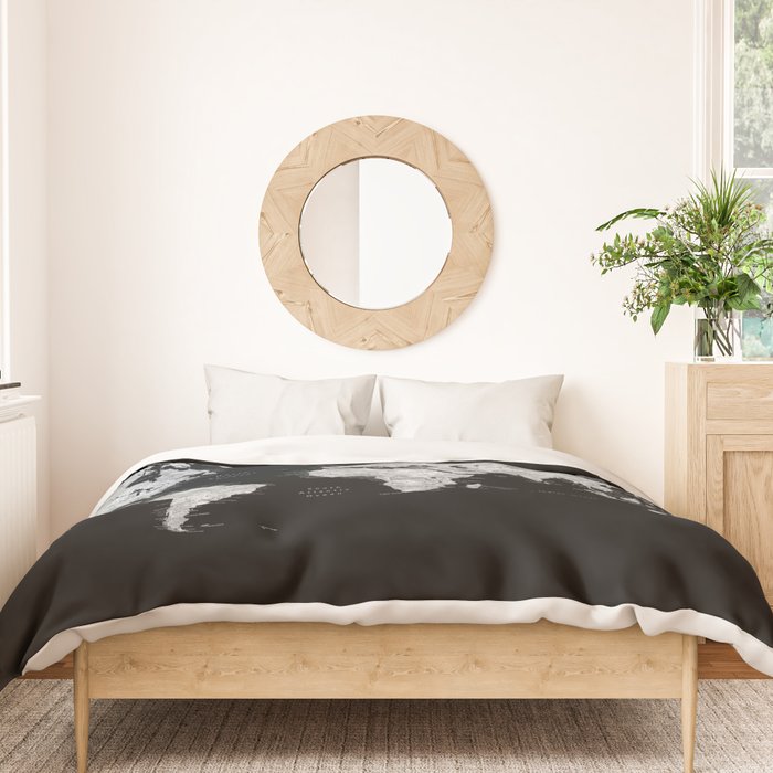 Black and grey watercolor world map with cities Duvet Cover Gallery Image 3