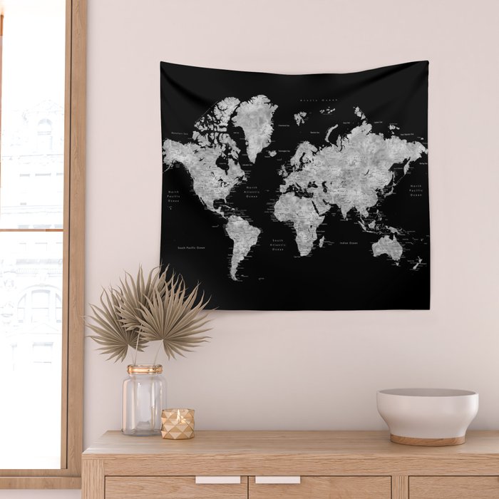 Black and grey watercolor world map with cities Wall Tapestry Gallery Image 2