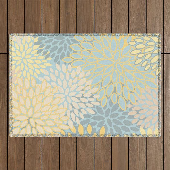Elegant Blooms: Modern Floral Art in Soft Yellow and Teal Outdoor Rug Gallery Image 1