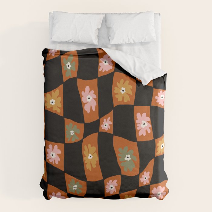 Retro floral check 1 Duvet Cover Gallery Image 1
