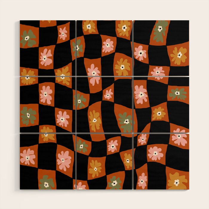 Retro floral check 1 Wood Wall Art Gallery Image 1