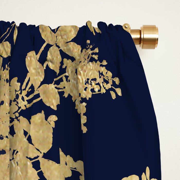Elegant vintage navy blue faux gold flowers Window Curtain Gallery Image 2