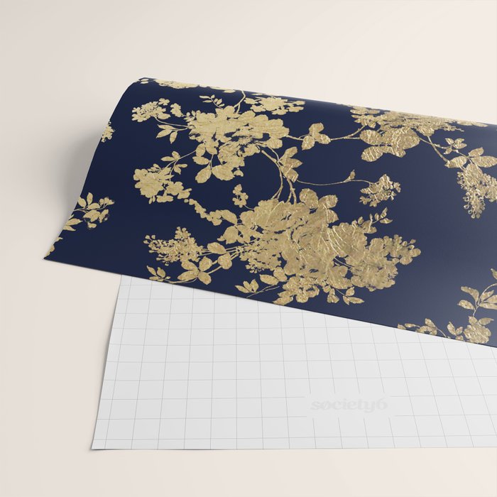 Elegant vintage navy blue faux gold flowers Wrapping Paper Gallery Image 2