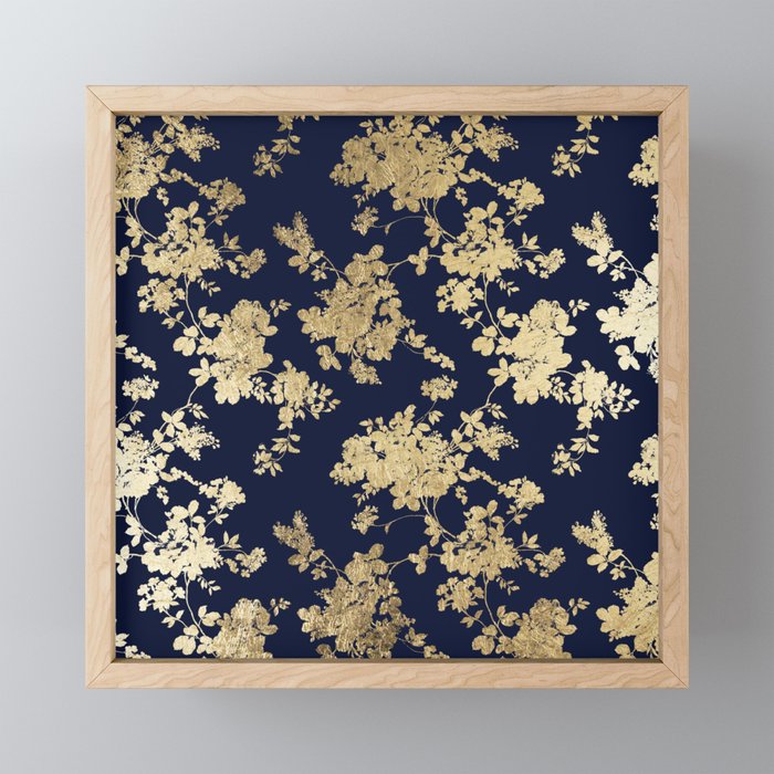 Elegant vintage navy blue faux gold flowers Mini Art Print Gallery Image 1
