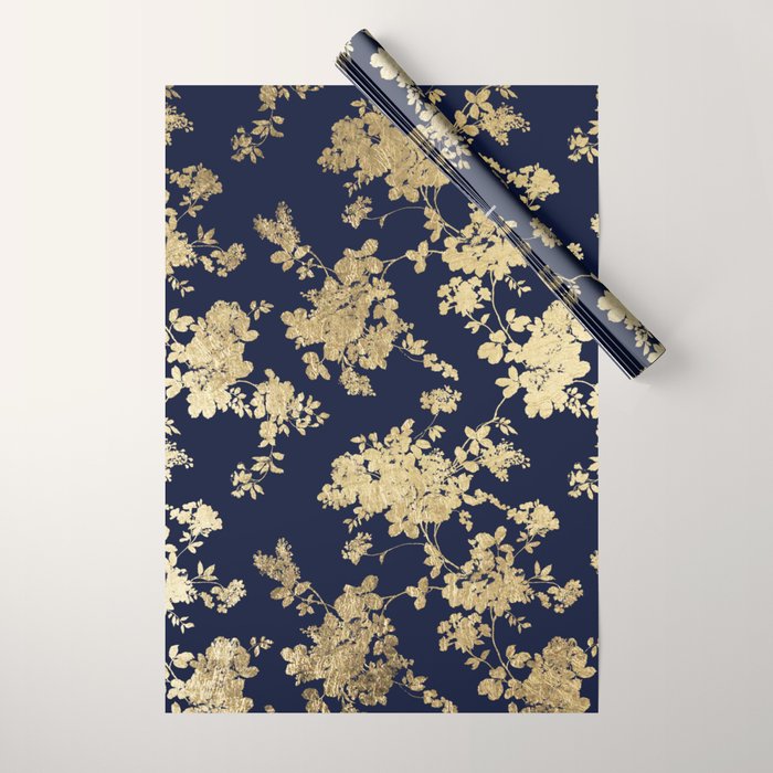 Elegant vintage navy blue faux gold flowers Wrapping Paper Gallery Image 1