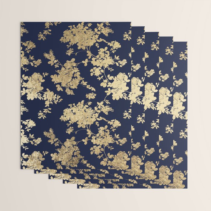 Elegant vintage navy blue faux gold flowers Wrapping Paper Gallery Image 3