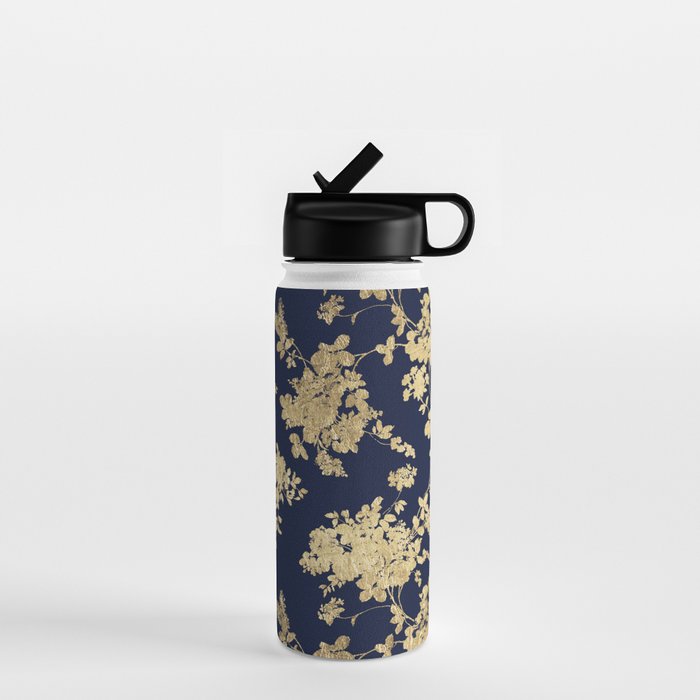 Elegant vintage navy blue faux gold flowers Water Bottle Gallery Image 1