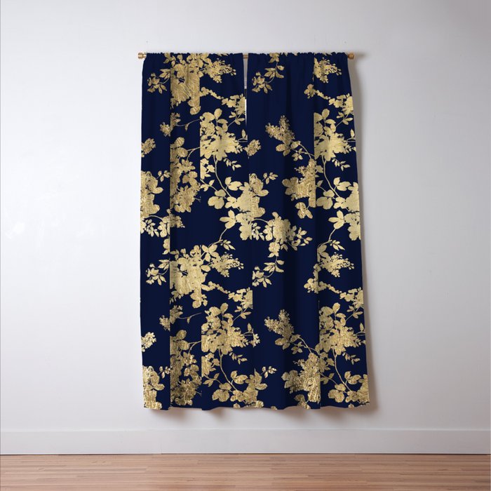 Elegant vintage navy blue faux gold flowers Window Curtain Gallery Image 3