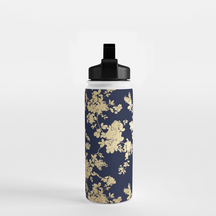 Elegant vintage navy blue faux gold flowers Water Bottle Gallery Image 2