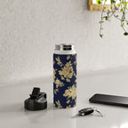 Elegant vintage navy blue faux gold flowers Water Bottle Gallery Image 4