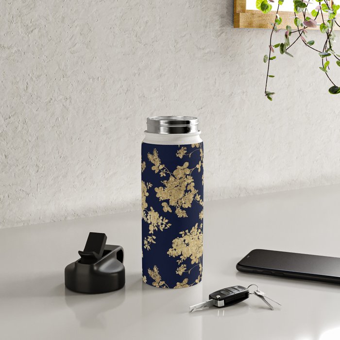 Elegant vintage navy blue faux gold flowers Water Bottle Gallery Image 4
