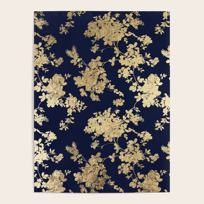 Elegant vintage navy blue faux gold flowers Poster Gallery Image 4