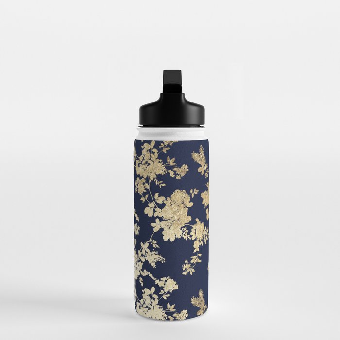 Elegant vintage navy blue faux gold flowers Water Bottle Gallery Image 3