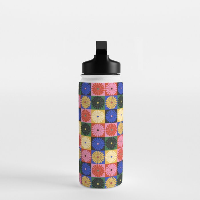 Retro Flowers Check Pattern XV Water Bottle Gallery Image 3