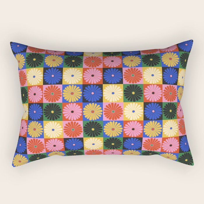 Retro Flowers Check Pattern XV Rectangular Pillow Gallery Image 2