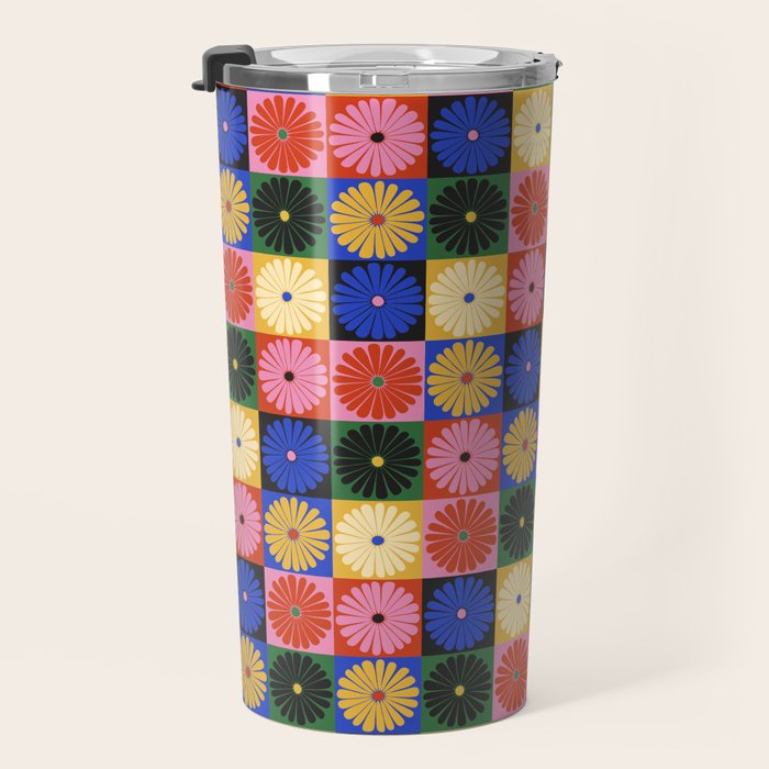Retro Flowers Check Pattern XV Travel Mug Gallery Image 3