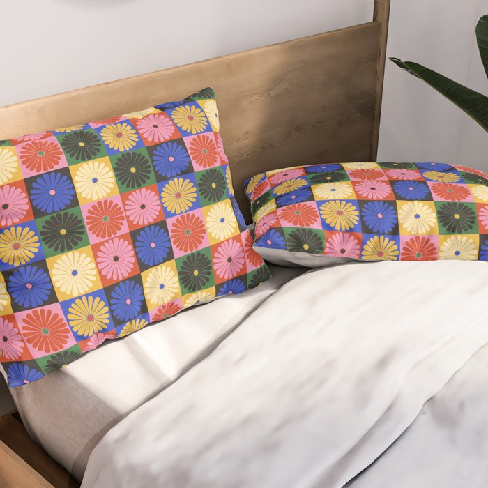 Retro Flowers Check Pattern XV Pillow Sham Gallery Image 2