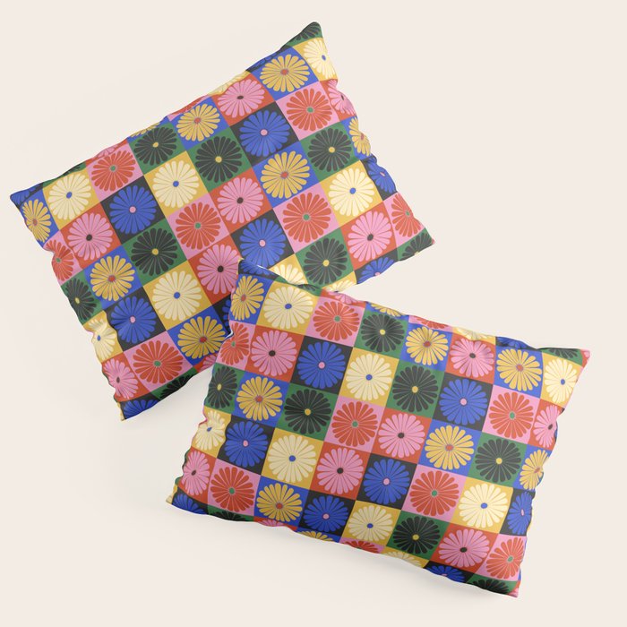 Retro Flowers Check Pattern XV Pillow Sham Gallery Image 3
