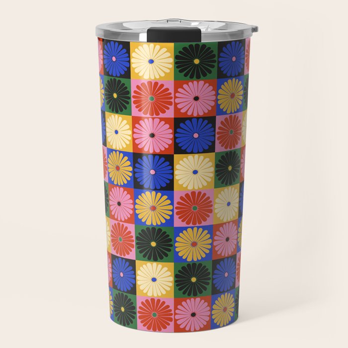 Retro Flowers Check Pattern XV Travel Mug Gallery Image 1