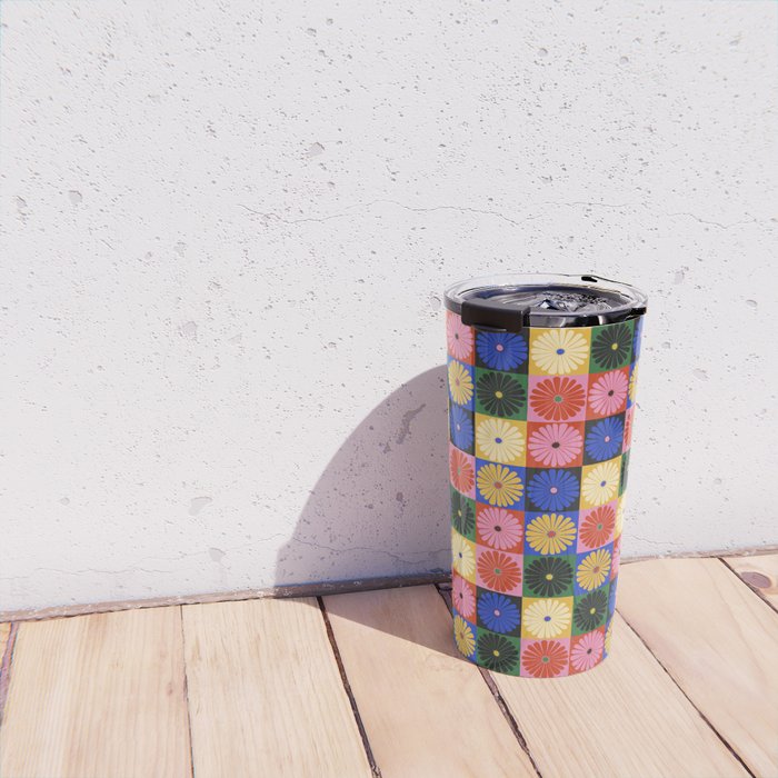 Retro Flowers Check Pattern XV Travel Mug Gallery Image 4