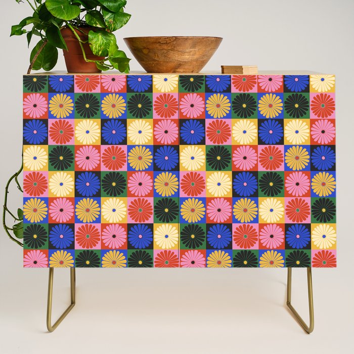 Retro Flowers Check Pattern XV Credenza Gallery Image 1