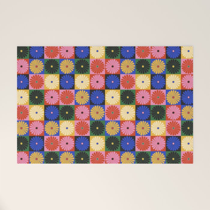 Retro Flowers Check Pattern XV Welcome Mat Gallery Image 1