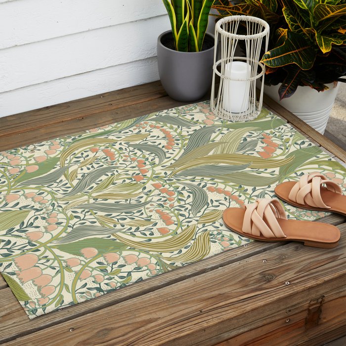 William Morris style lily of the valley light Outdoor Rug Gallery Image 2