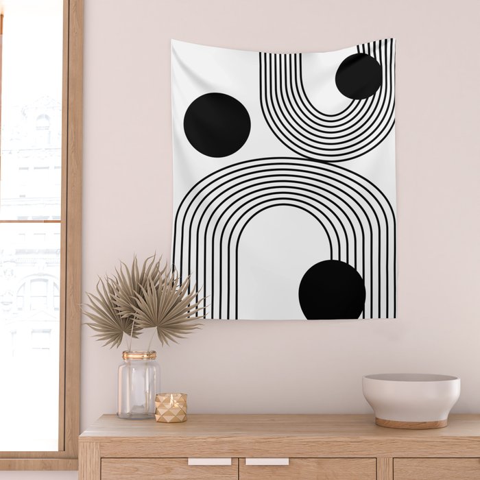 Modern Minimalist Line Art in Black and White Wall Tapestry Gallery Image 2