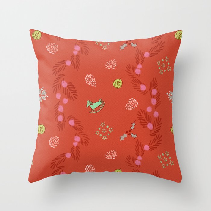 Whimsical Tiny Toys & Pine Branches in Red Throw Pillow Gallery Image 1