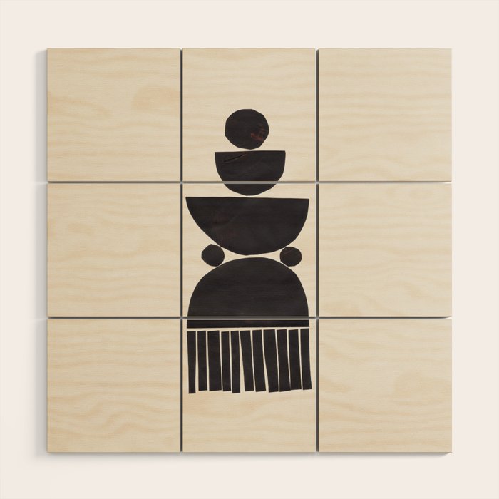 Black & White Minimalist Mid Century Paper collage Funky Black Ink Tribal Geometric by Ejaaz Haniff Wood Wall Art Gallery Image 1