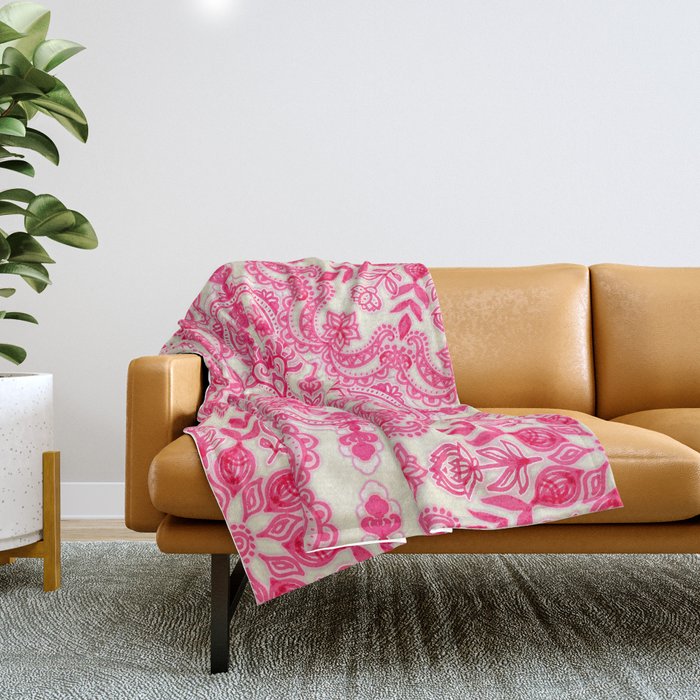 Hot Pink & Soft Cream Folk Art Pattern Throw Blanket Gallery Image 1