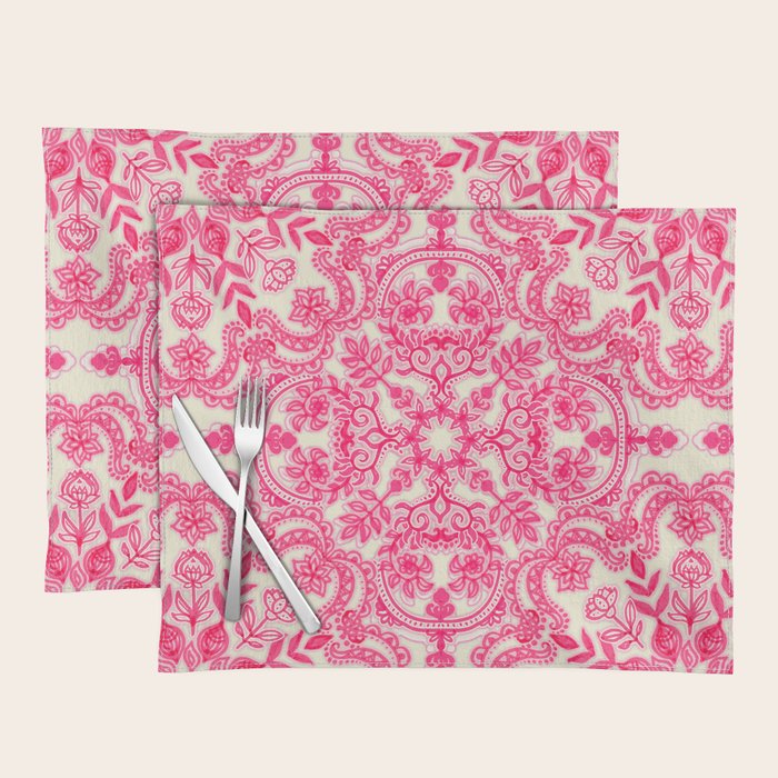 Hot Pink & Soft Cream Folk Art Pattern Placemat Gallery Image 1