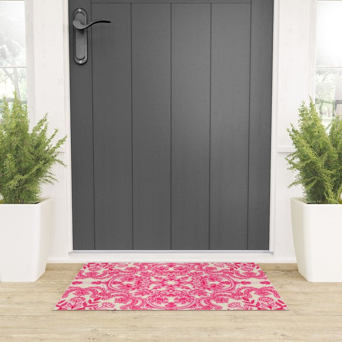 Hot Pink & Soft Cream Folk Art Pattern Welcome Mat Gallery Image 3