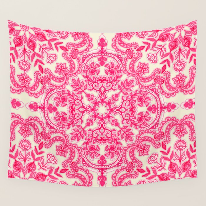 Hot Pink & Soft Cream Folk Art Pattern Wall Tapestry Gallery Image 1