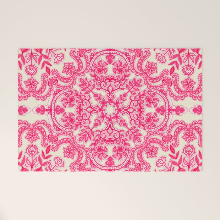 Hot Pink & Soft Cream Folk Art Pattern Welcome Mat Gallery Image 1