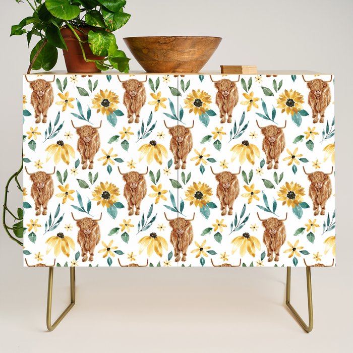Sunflower Floral Highland Cow Credenza Gallery Image 1