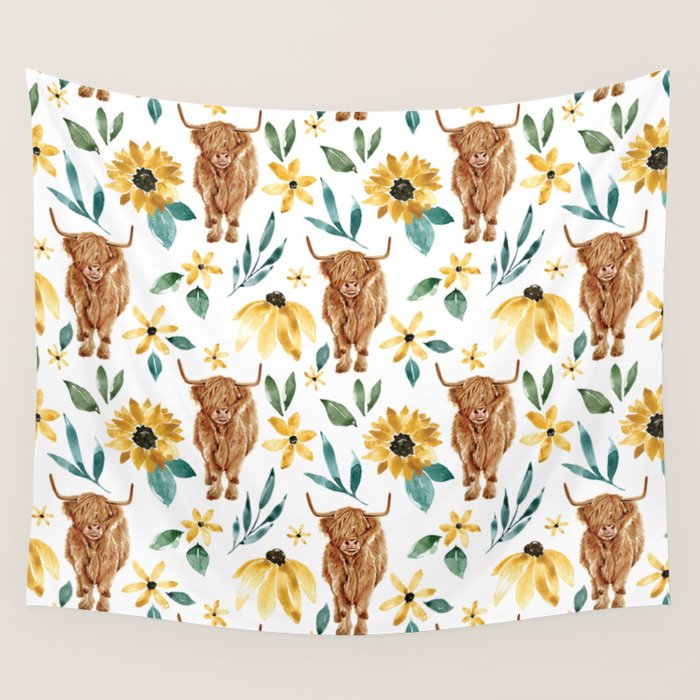 Sunflower Floral Highland Cow Wall Tapestry Gallery Image 1