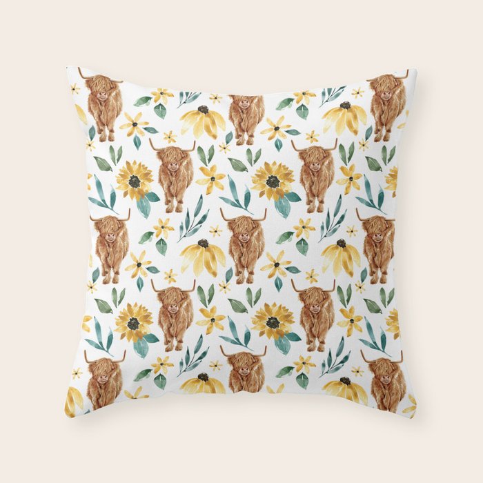 Sunflower Floral Highland Cow Throw Pillow Gallery Image 6