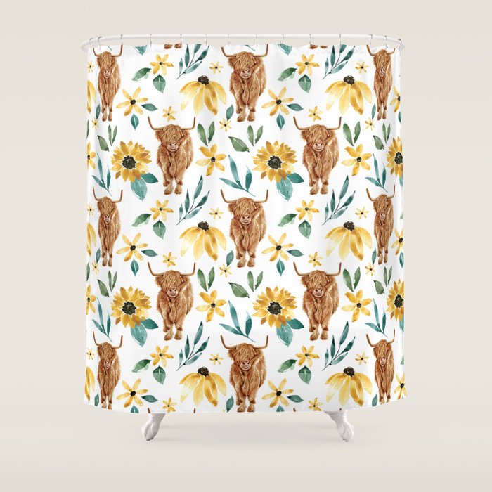 Sunflower Floral Highland Cow Shower Curtain Gallery Image 1