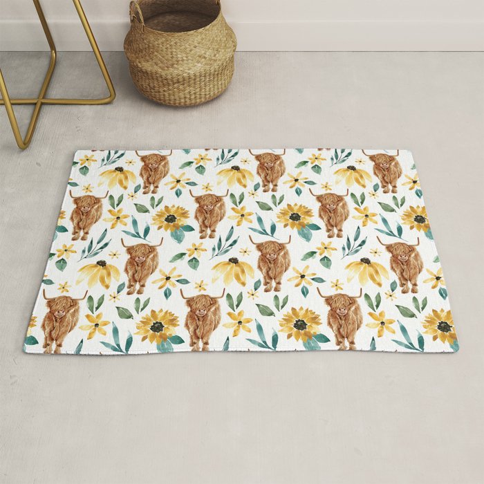 Sunflower Floral Highland Cow Rug Gallery Image 1