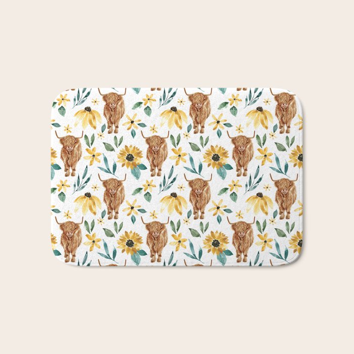Sunflower Floral Highland Cow Bath Mat Gallery Image 1