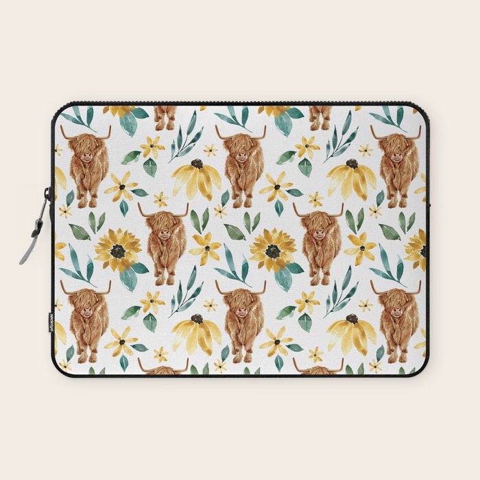 Sunflower Floral Highland Cow Laptop Sleeve Gallery Image 1