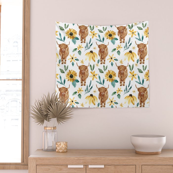 Sunflower Floral Highland Cow Wall Tapestry Gallery Image 2
