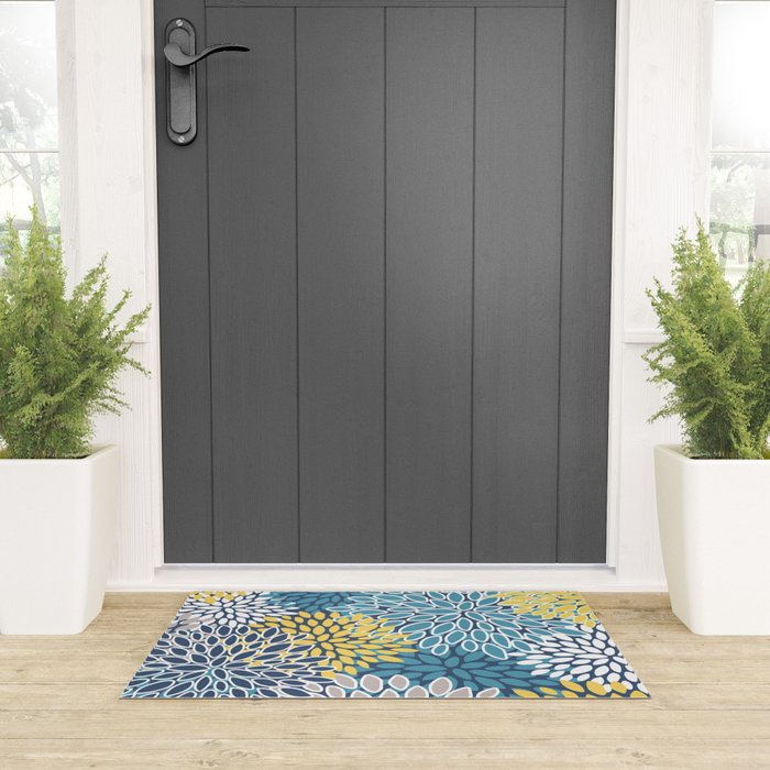 Modern, Floral Prints, Blue and Yellow Welcome Mat Gallery Image 3